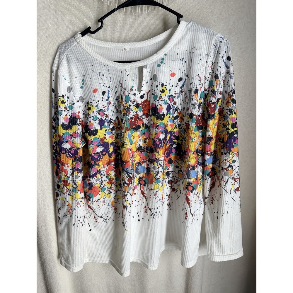 Womens Top M White Paint Splatter Thermal Waffle‎ Knit Keyhole Long Sleeve Boho